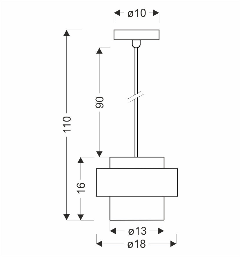 Schéma coté du luminaire : hauteur totale 110 cm, diamètre abat-jour 18 cm.