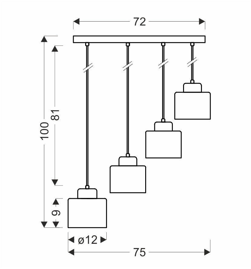 Schéma coté du luminaire : largeur 72 cm, hauteur 100 cm, diamètre abat-jour 12 cm