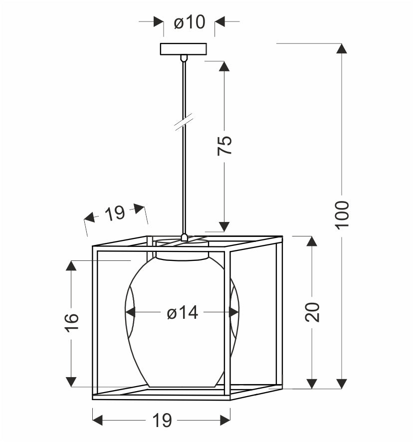 Schéma technique coté du luminaire avec dimensions du cadre et hauteur.