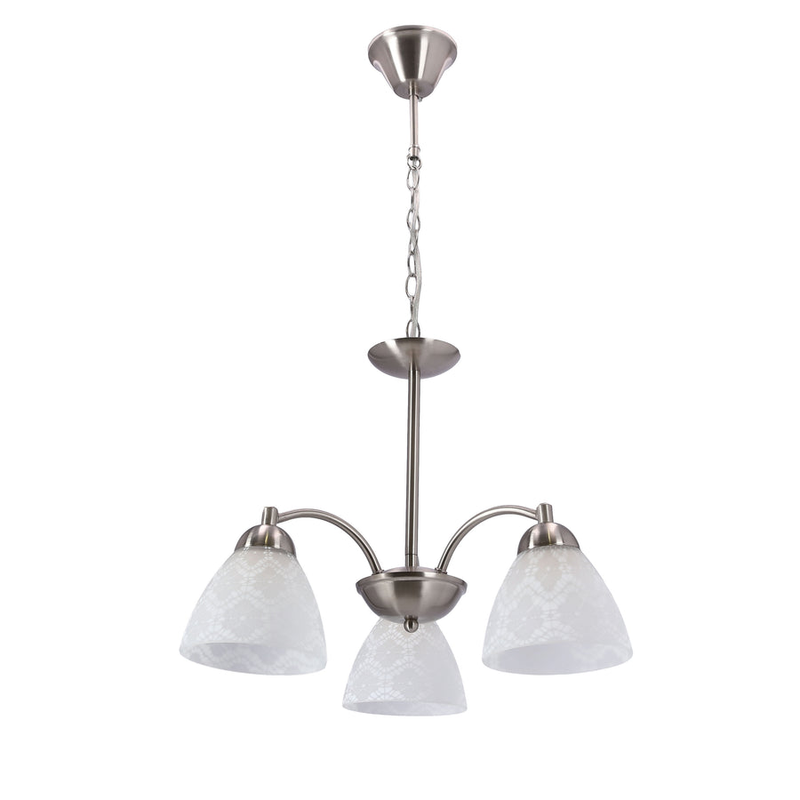 Suspension trois lumières nickel mat, abat-jour coniques en verre, vue de face sur fond blanc.
