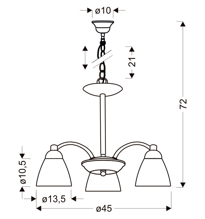 Schéma technique coté de la suspension, diamètre et hauteur indiqués en centimètres.