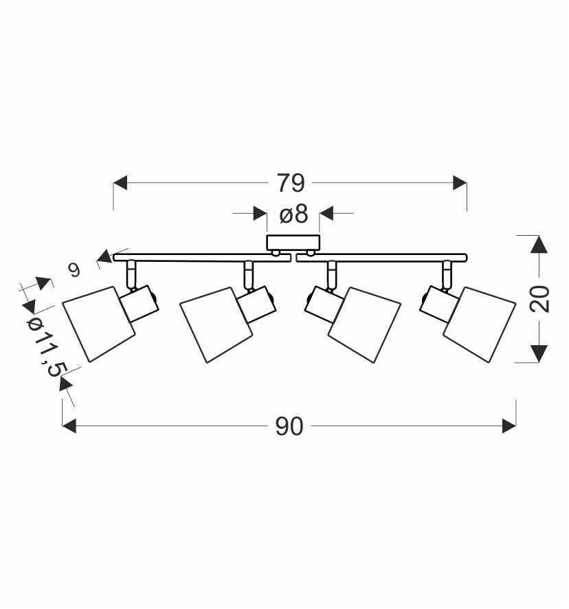 Schéma de dimensions du plafonnier avec largeur 90 cm, hauteur 20 cm et fixation centrale.