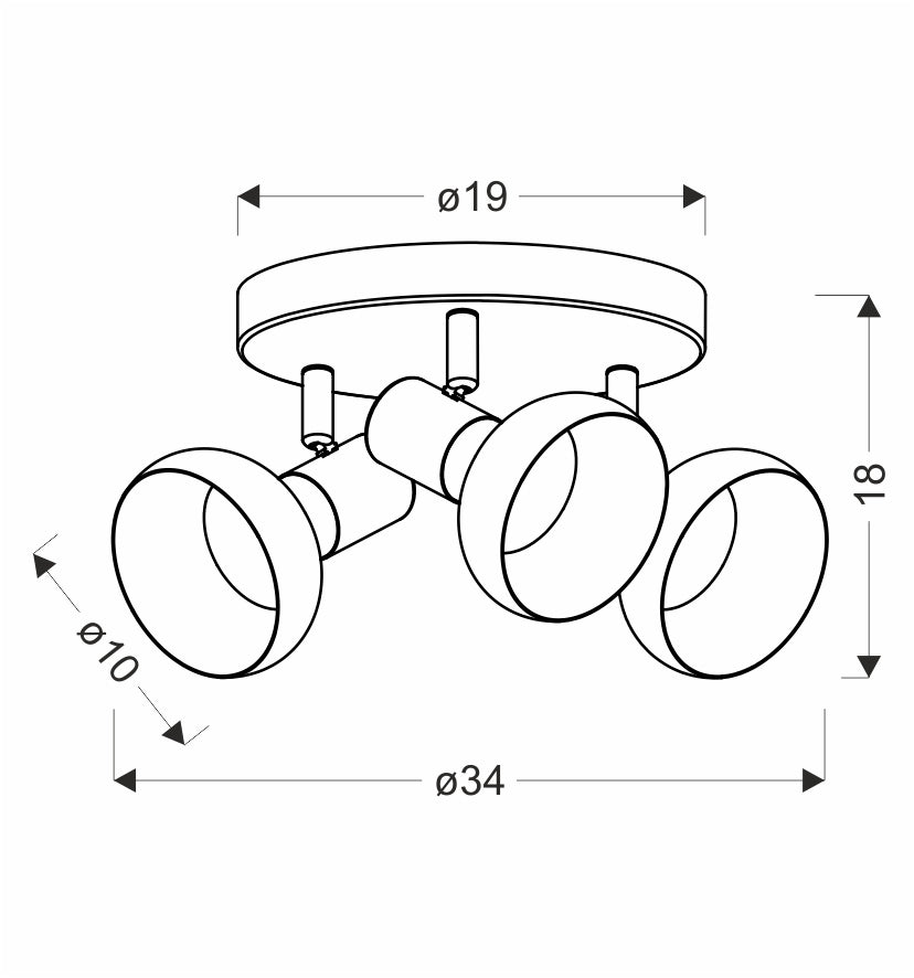 Schéma coté du luminaire avec diamètre 34 cm, hauteur 18 cm et têtes de 10 cm