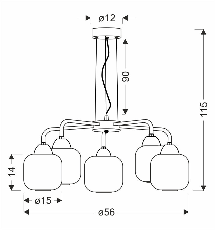 Schéma coté du luminaire : diamètre 56 cm, hauteur 115 cm et rosace 12 cm