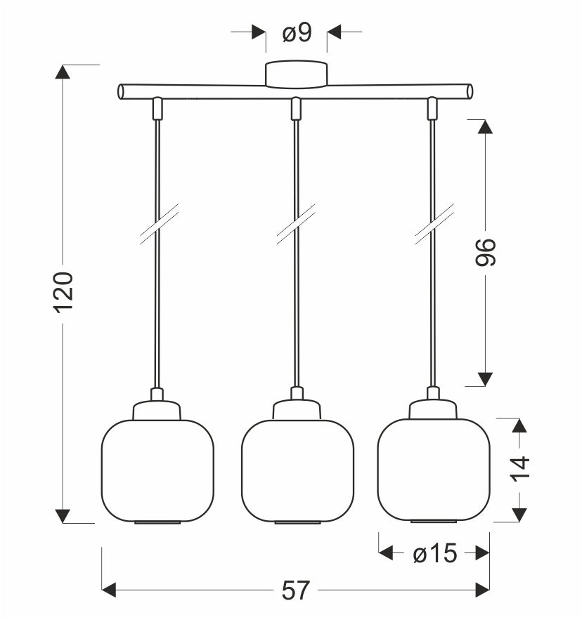 Schéma coté du luminaire, hauteur 120 cm, largeur 57 cm, abat-jours de 15 cm