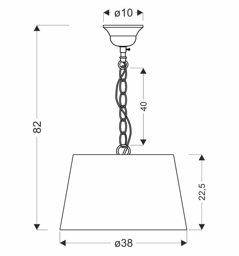 Schéma de dimensions : hauteur totale 82 cm, diamètre d'abat-jour 38 cm, hauteur 22,5 cm.