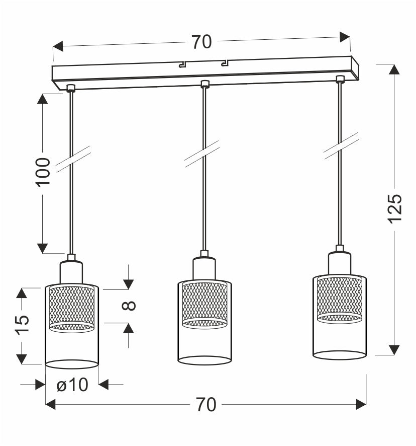 Schéma technique coté du luminaire avec dimensions 70, 100 et 125 cm.