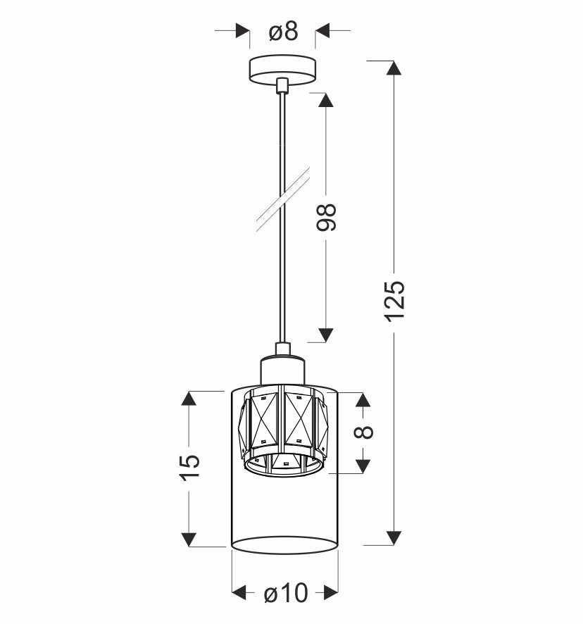 Schéma coté du luminaire : rosace, hauteur totale et dimensions du verre