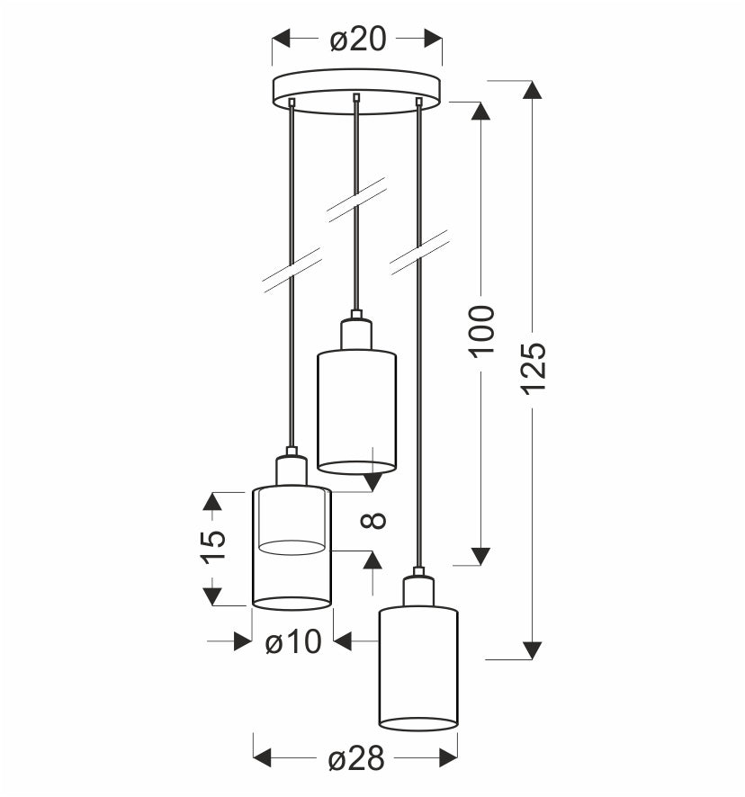 Schéma de dimensions du luminaire avec diamètre 28 cm et hauteur totale 125 cm.
