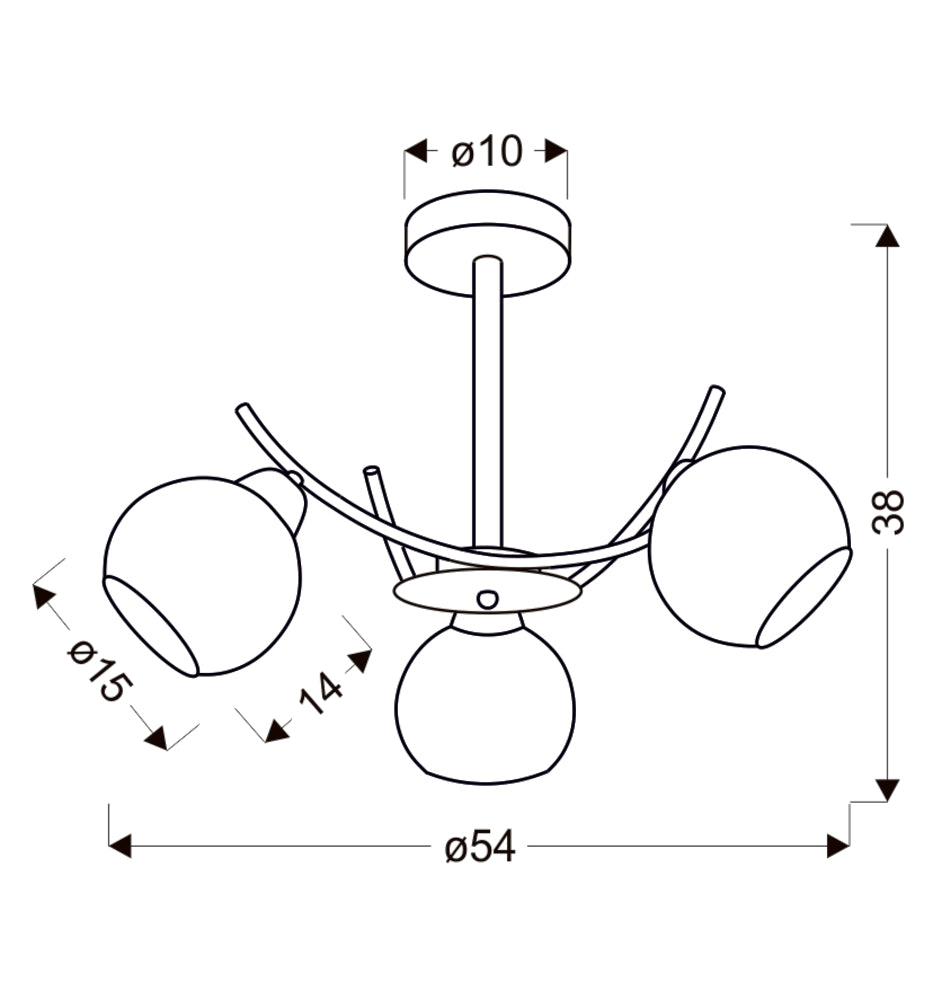 Schéma coté du luminaire avec dimensions : hauteur 38 cm, largeur 54 cm, rosace 10 cm