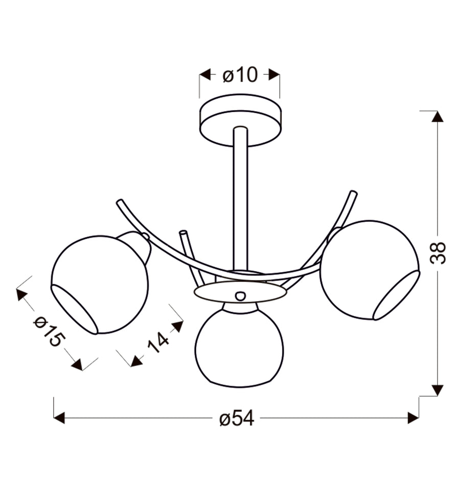 Schéma coté du luminaire avec dimensions : hauteur 38 cm, largeur 54 cm, rosace 10 cm
