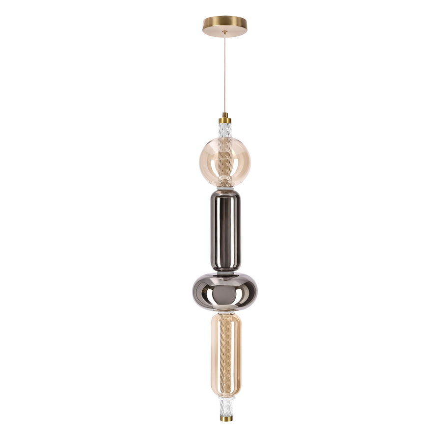 Suspension dorée verticale avec ampoule torsadée et segments en verre clair et fumé.