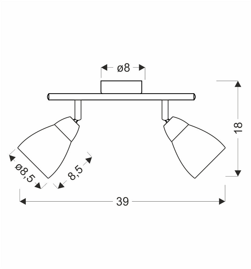 Schéma technique coté du plafonnier : largeur 39 cm, hauteur 18 cm, diffuseurs de 8,5 cm