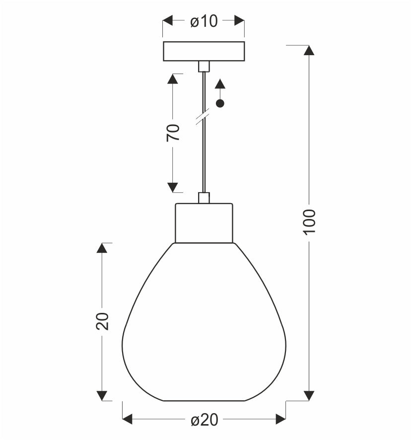 Schéma coté du luminaire : diamètre 20 cm, hauteur totale 100 cm