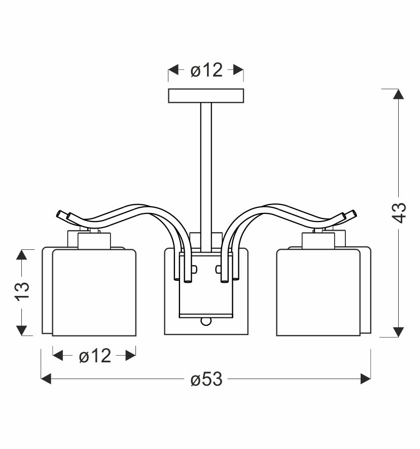 Schéma coté : diamètre 53 cm, hauteur 43 cm, abat-jour 13 cm.
