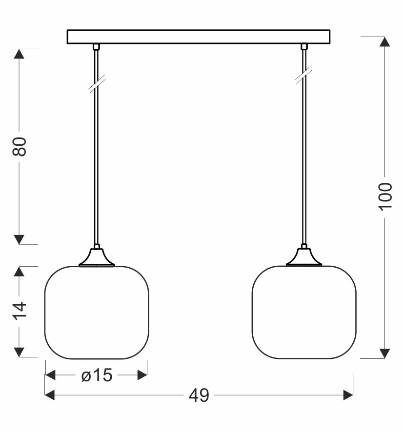 Schéma coté de la suspension : hauteur 100 cm, abat-jour Ø15 cm, entraxe 49 cm