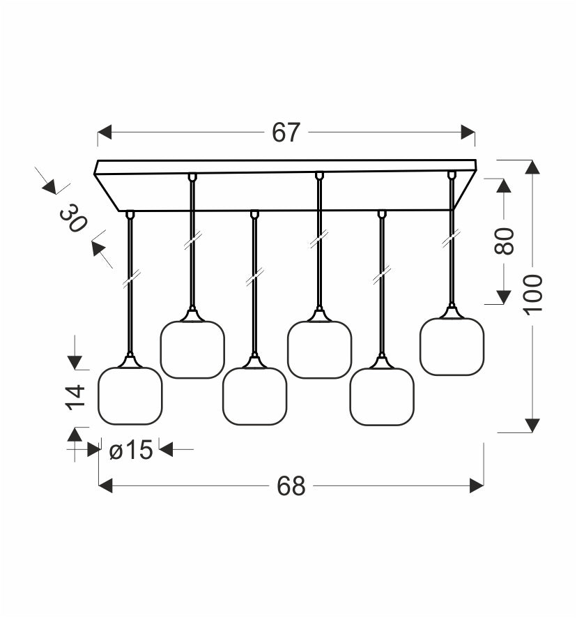 Schéma coté du luminaire : platine 67 cm, hauteur 100 cm, abat-jour diamètre 15 cm