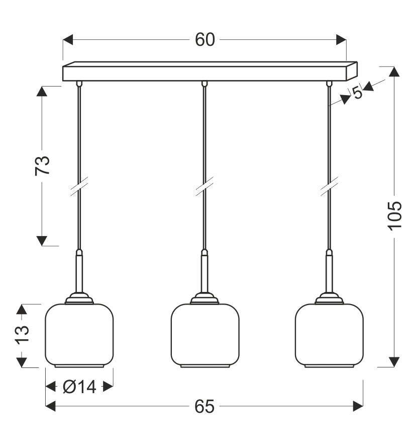 Schéma coté du luminaire avec hauteur totale 105 cm et largeur 65 cm