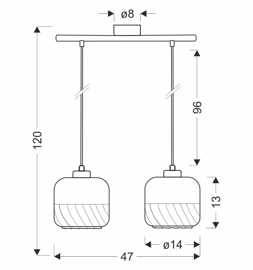 Schéma de dimensions cotées du luminaire avec hauteur et diamètres indiqués
