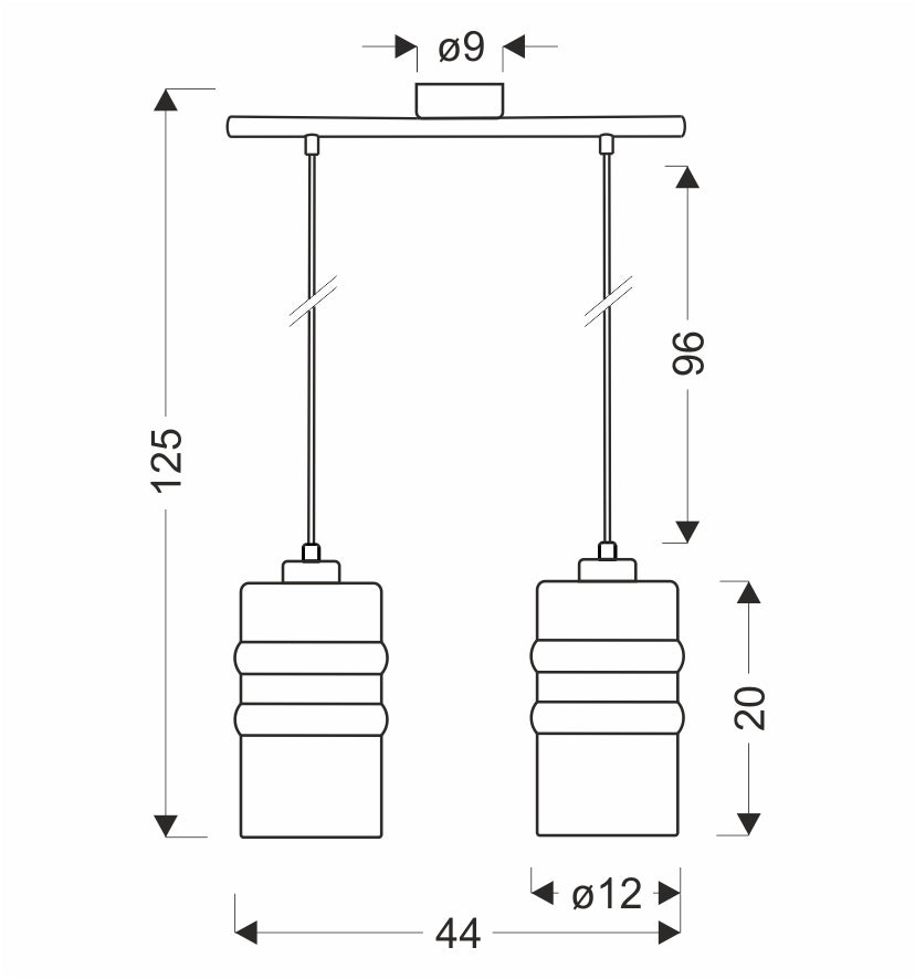 Schéma coté du luminaire : hauteur 125 cm, largeur 44 cm, diamètre des abat-jour 12 cm