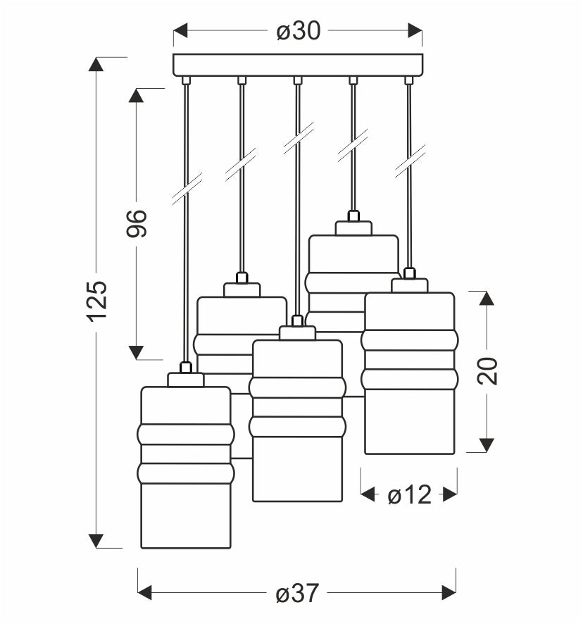 Schéma technique coté du luminaire avec les dimensions du plateau et des cylindres