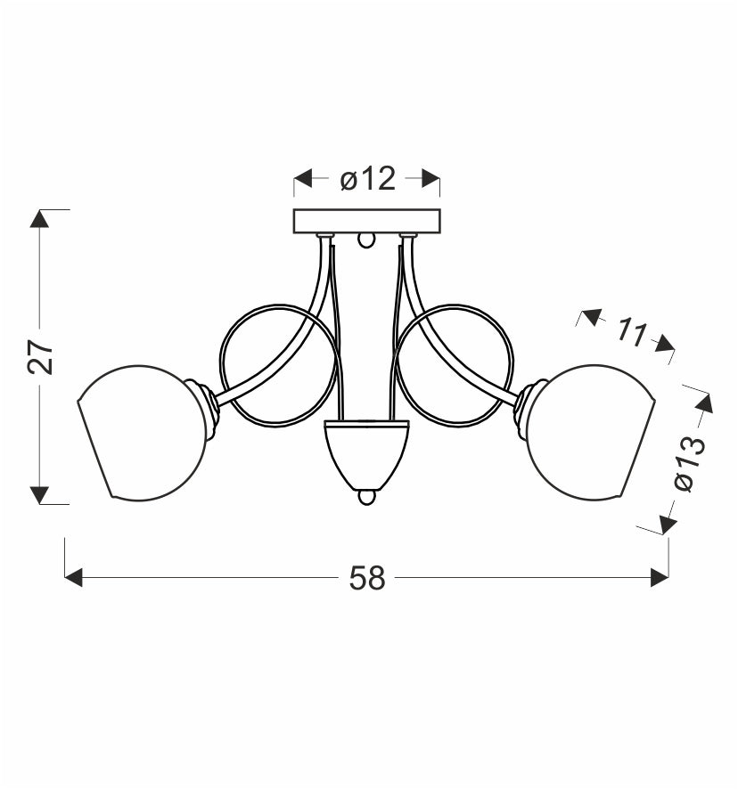 Schéma coté du plafonnier : diamètre 58 cm, hauteur 27 cm, diffuseurs 13 cm