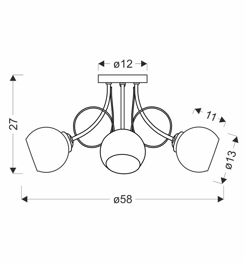 Schéma coté du luminaire indiquant diamètre total, hauteur et dimensions des diffuseurs