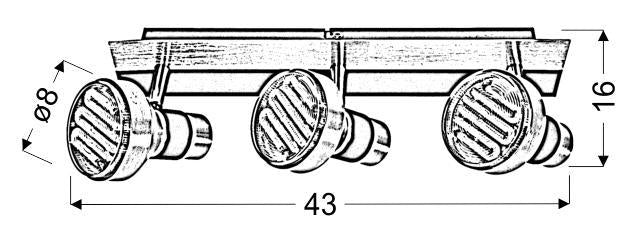Schéma technique coté du plafonnier : diamètre des spots 8 cm, longueur 43 cm, hauteur 16 cm