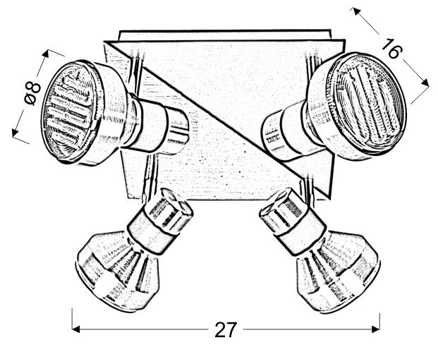 Dessin technique coté du plafonnier quatre spots, mesures 27 cm et 16 cm