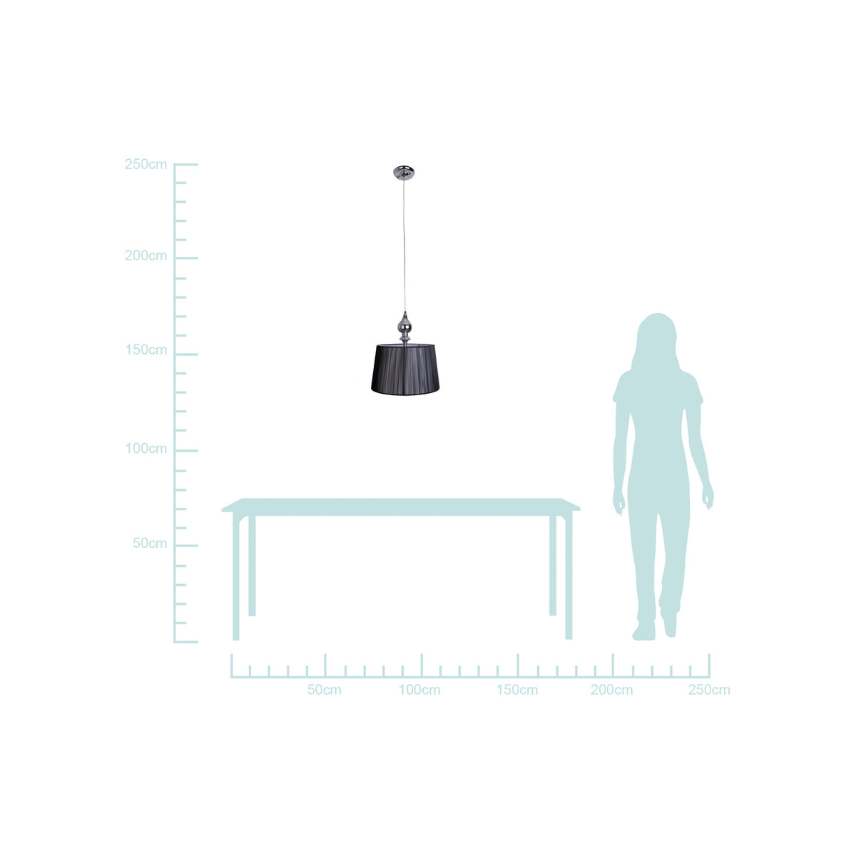 Schéma de dimensions avec une silhouette humaine, une table et une échelle de hauteur.