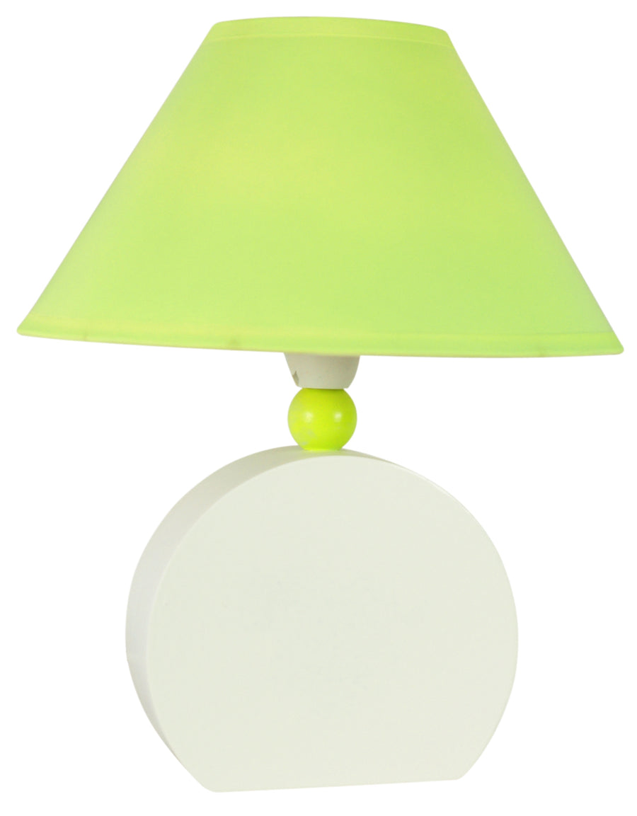 Lampe à poser verte en tissu, abat-jour conique, base ronde blanche, vue de face.