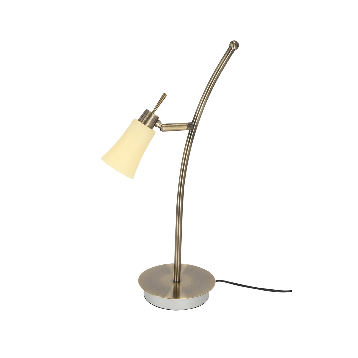 Luminaire entier présenté de profil, tige inclinée et socle circulaire plat