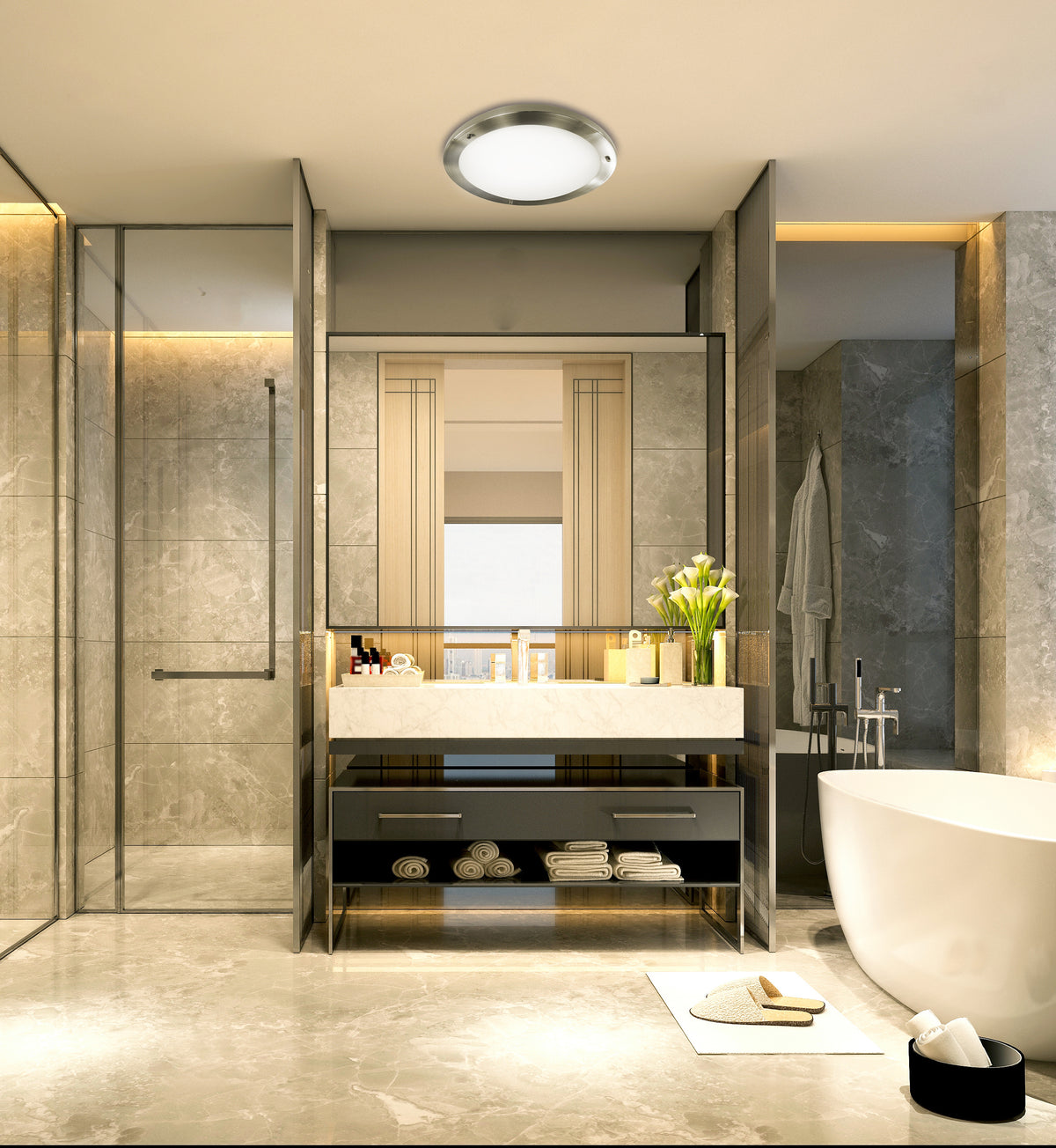 Mise en ambiance du plafonnier allumé au plafond d'une salle de bain moderne