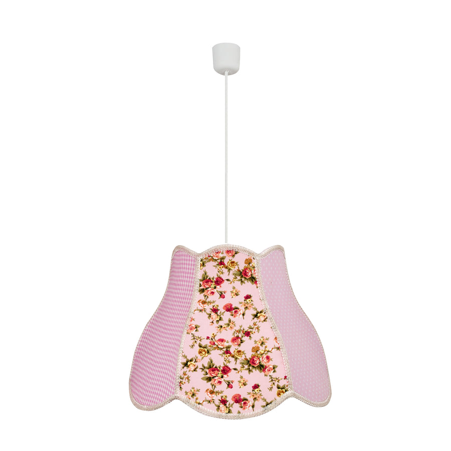 Suspension rose à fleurs romantiques, vue de face sur fond blanc, cordon blanc.