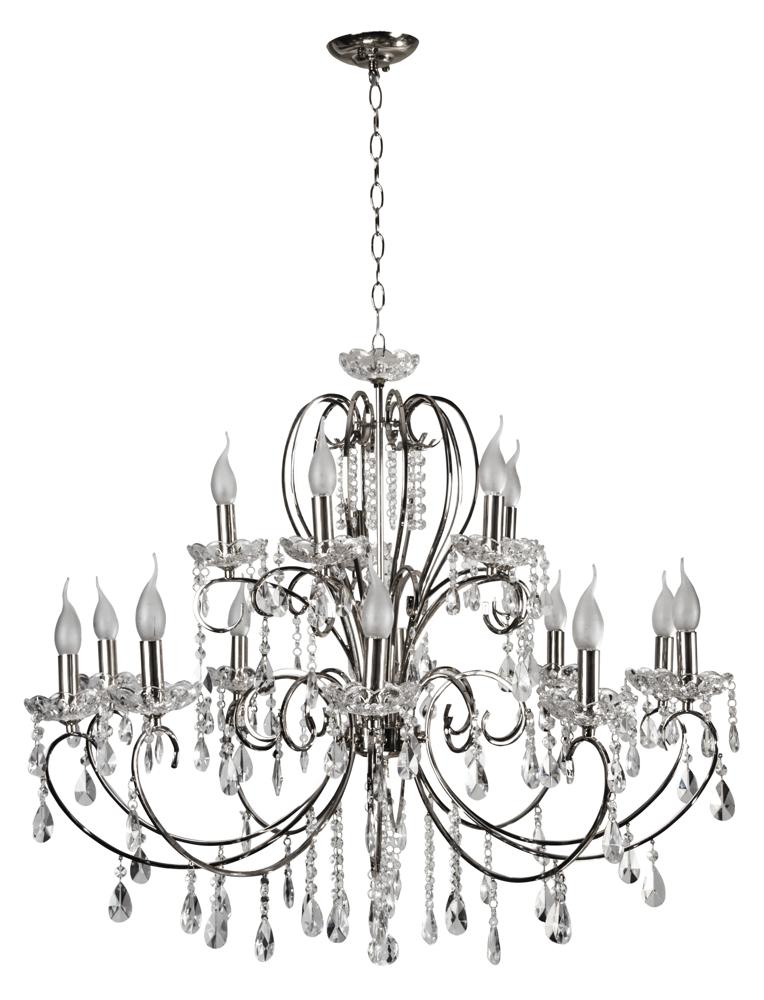 Lustre chromé à quinze lumières et pampilles de cristal, photographié de face sur fond blanc