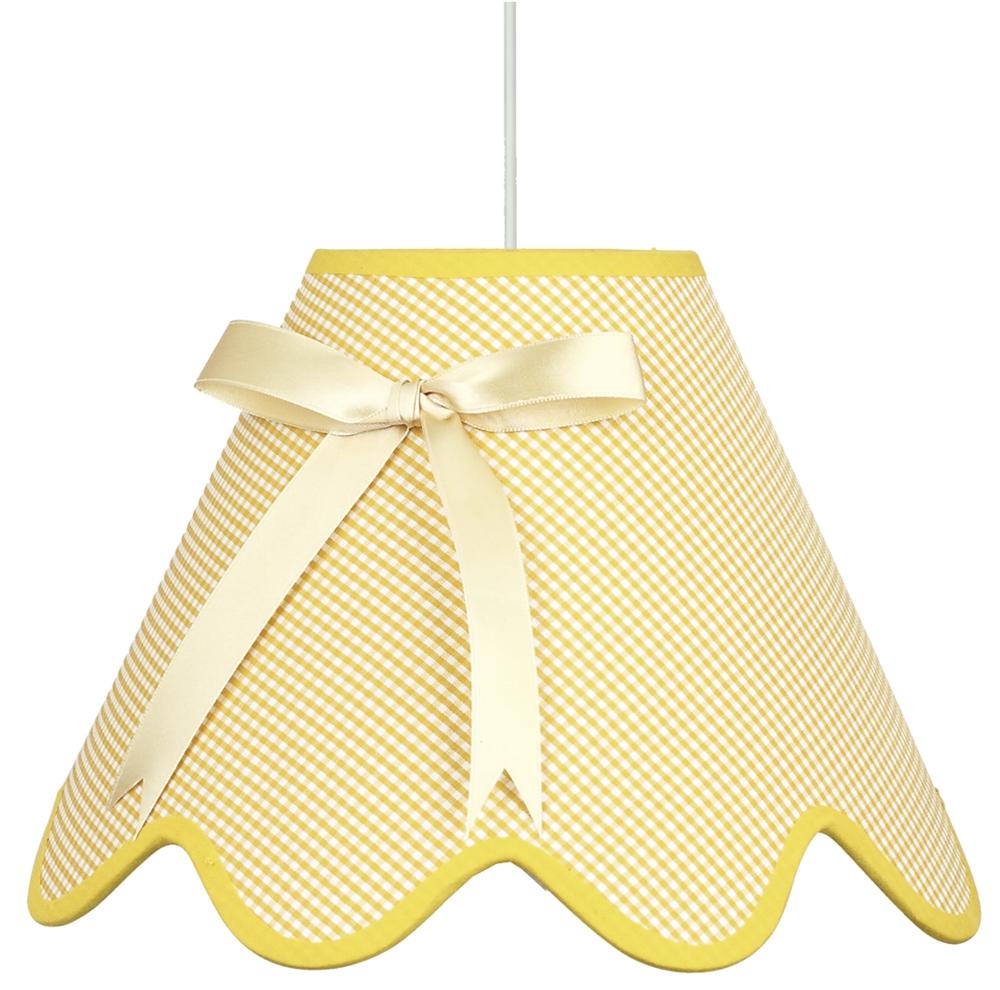 Abat-jour en vichy jaune et blanc, nœud satiné, bords festonnés, suspendu.