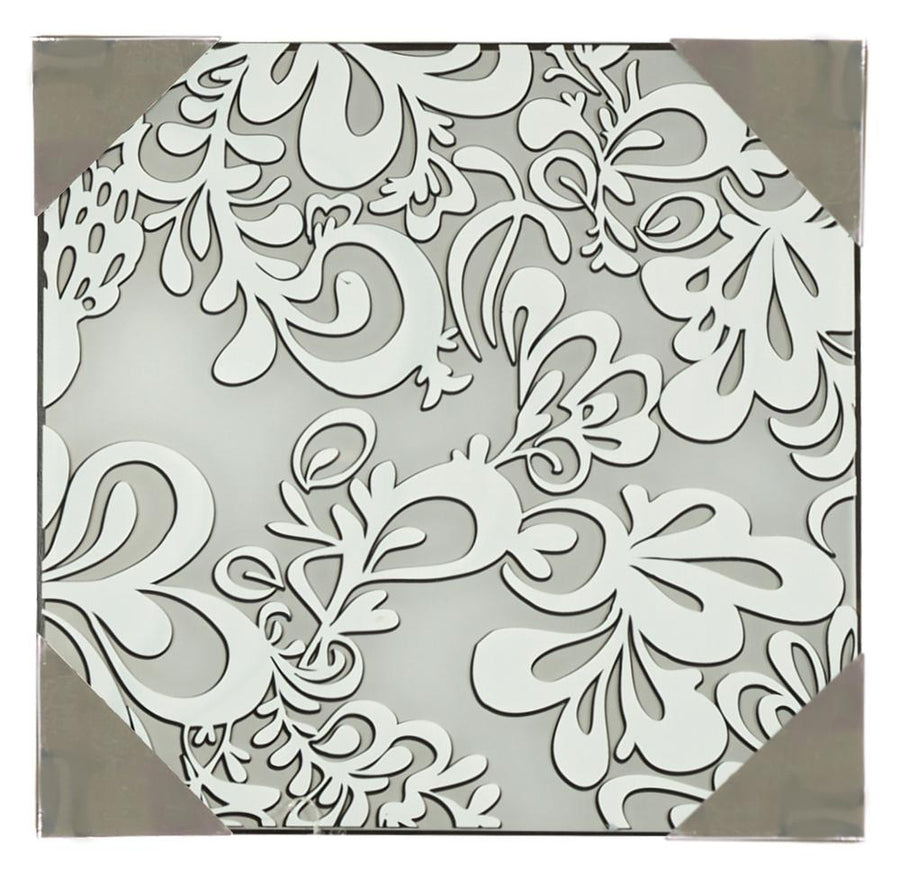 Face avant du luminaire carré en verre, motif floral découpé blanc sur fond clair