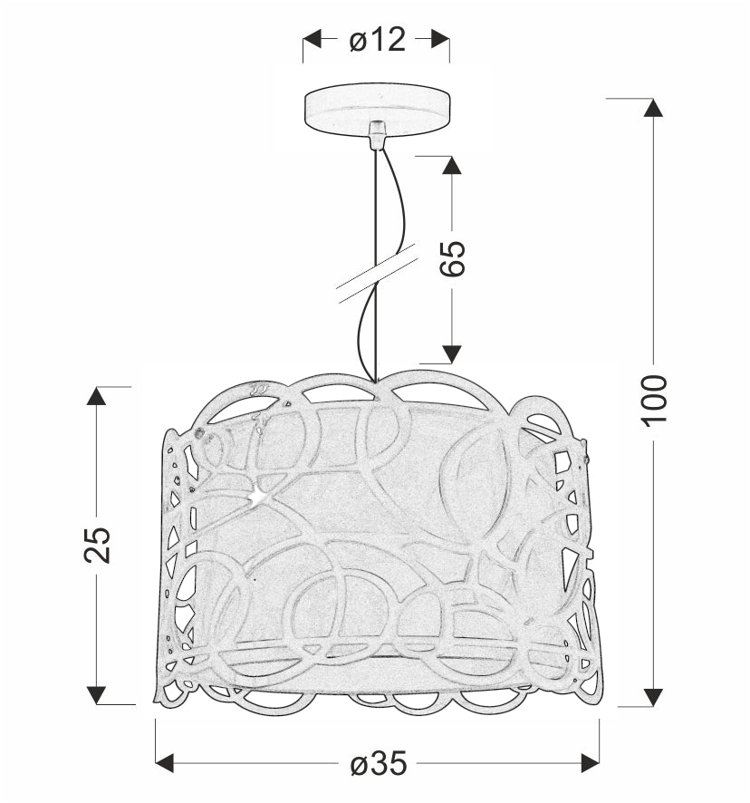 Schéma coté indiquant diamètre 35 cm, hauteur 25 cm et suspension réglable