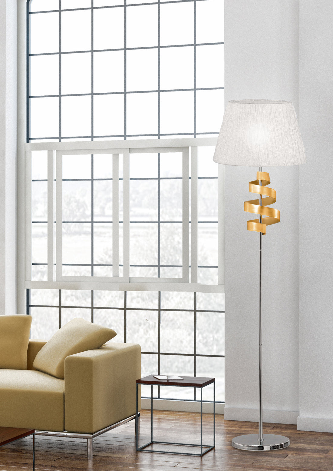 Lampadaire Denis chromé et doré, tissu