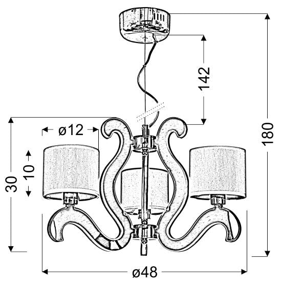 Schéma technique coté du luminaire avec diamètre, hauteur et dimensions des abat-jour