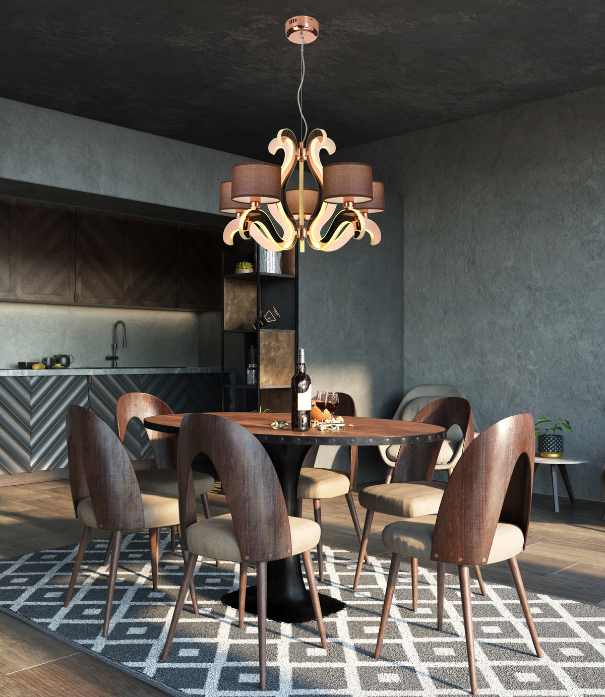 Suspension installée au-dessus d'une table de salle à manger en ambiance sombre et design.