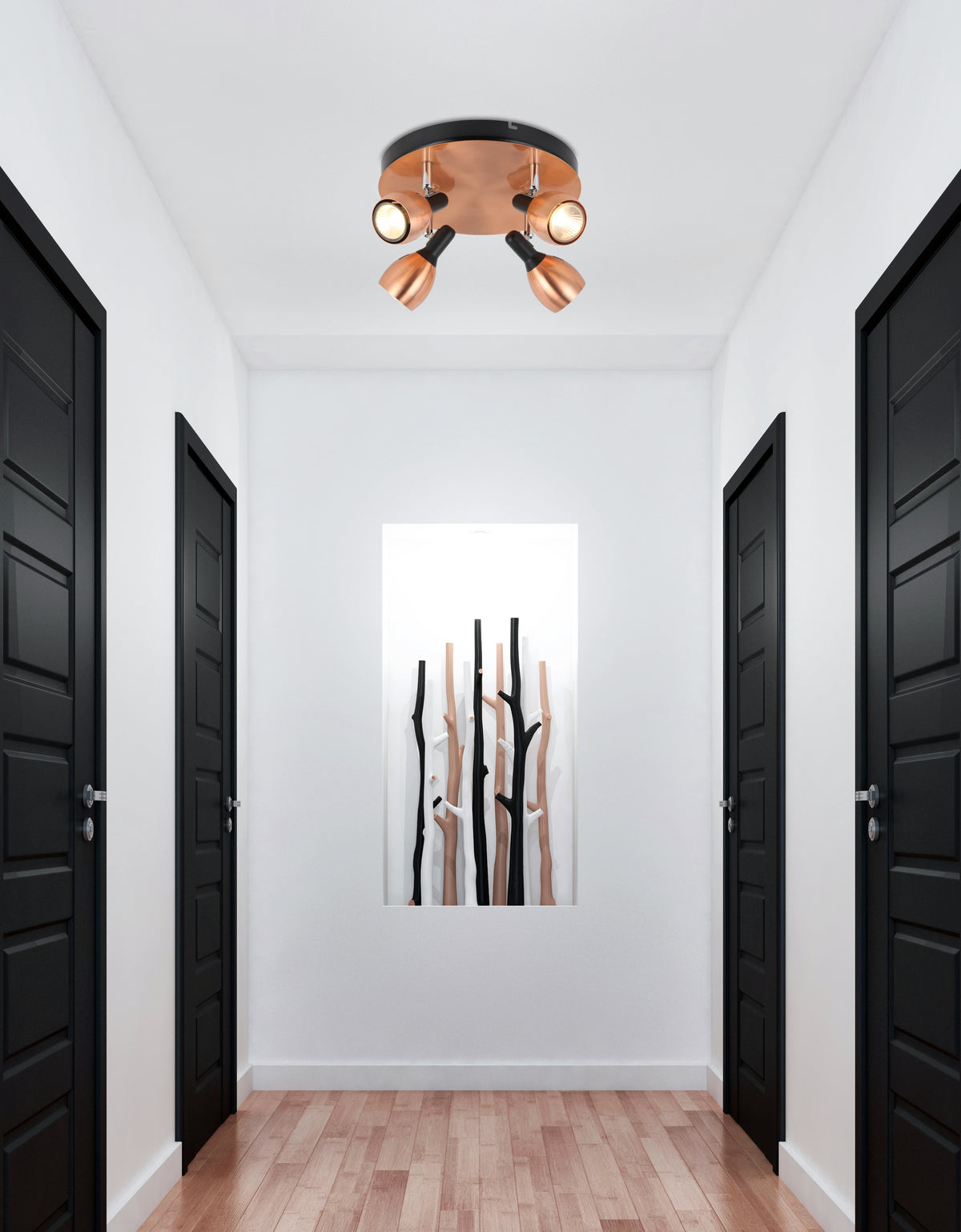 Mise en ambiance dans un couloir blanc avec portes noires, luminaire allumé