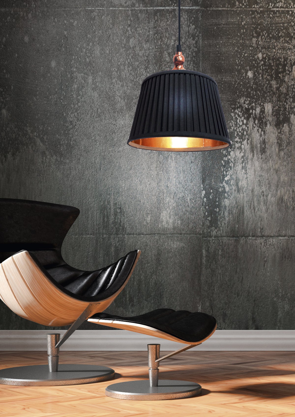 Mise en ambiance : suspension allumée au-dessus d'un fauteuil design, mur béton et parquet