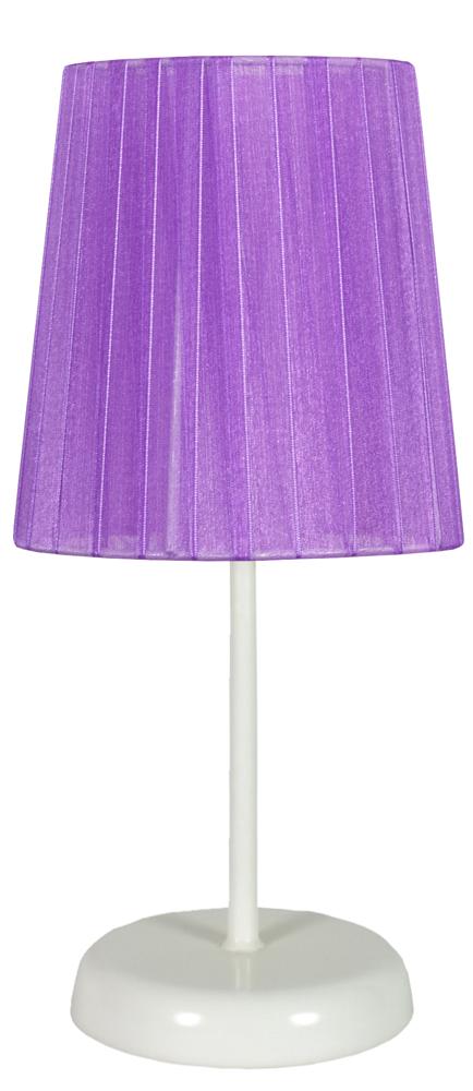 Lampe à poser violette présentée de face, abat-jour textile rayé et socle blanc