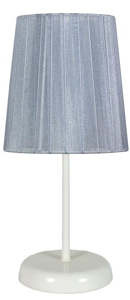 Lampe de table gris bleu vue de face, abat-jour textile rayé et base ronde