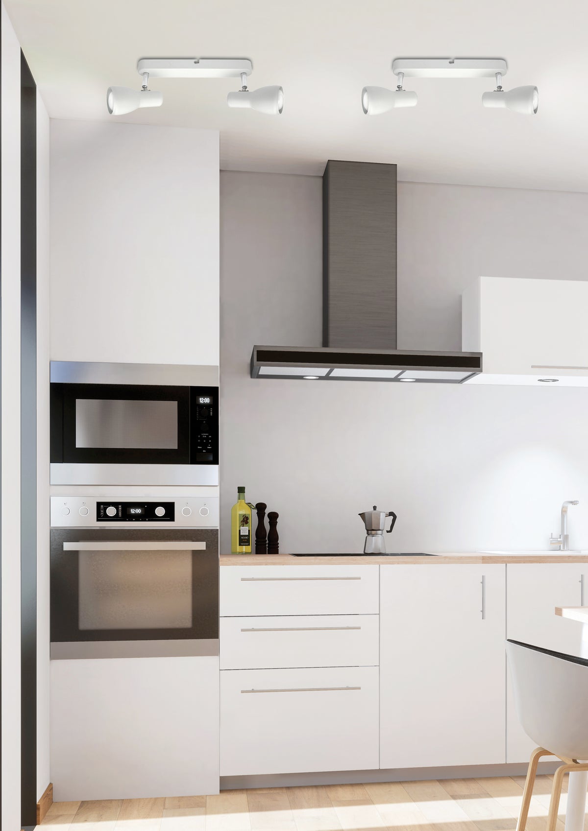 Plafonnier blanc installé au plafond d'une cuisine moderne, au-dessus du plan de travail