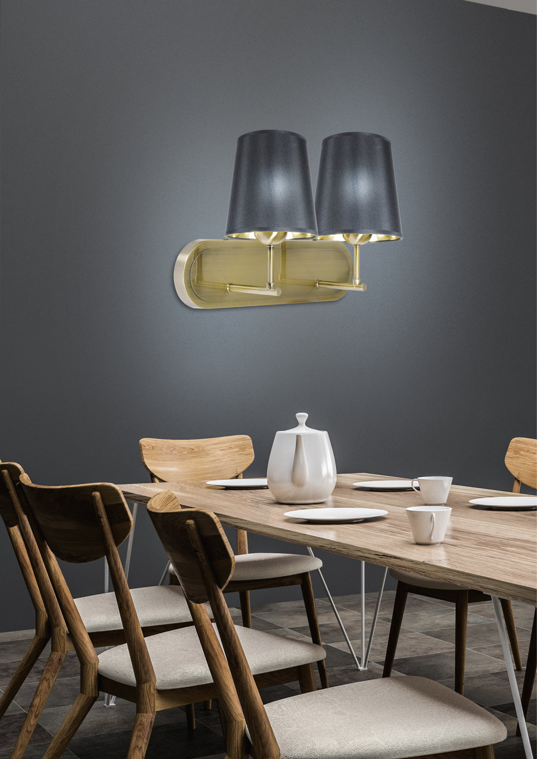 Applique murale Milonga 2 lumières laiton vieilli et noire, tissu
