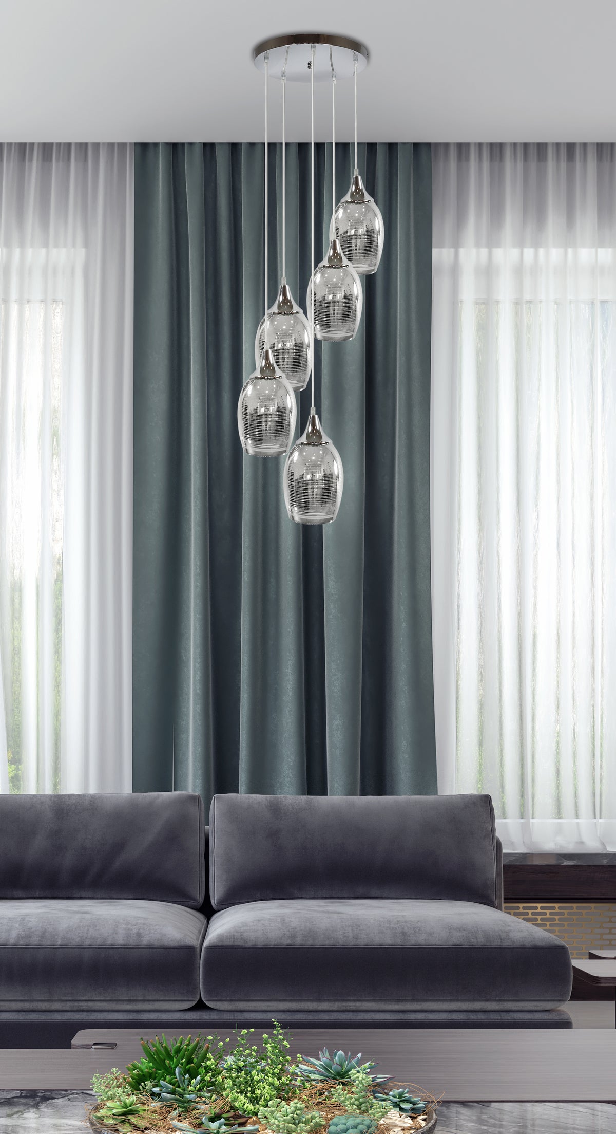 Mise en ambiance salon moderne, suspension devant rideaux verts et canapé