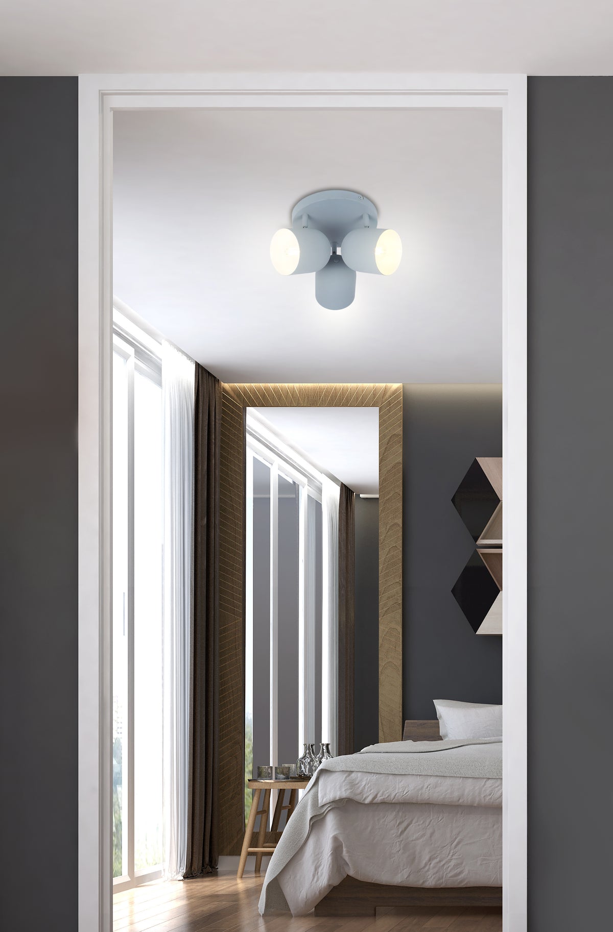 Plafonnier blanc installé au plafond d'une chambre contemporaine avec lit et miroir