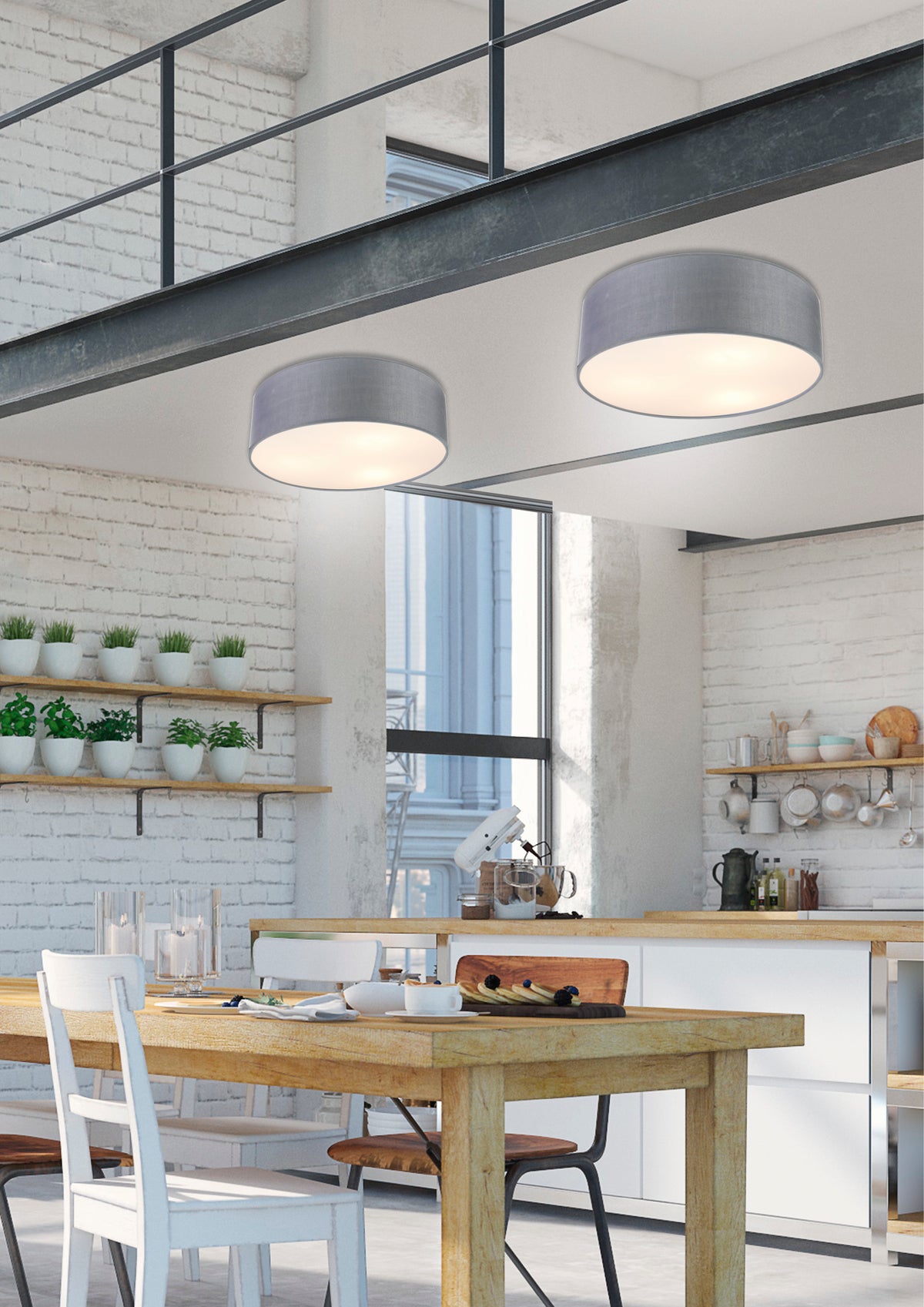 Deux luminaires gris clair éclairant une cuisine moderne à briques blanches
